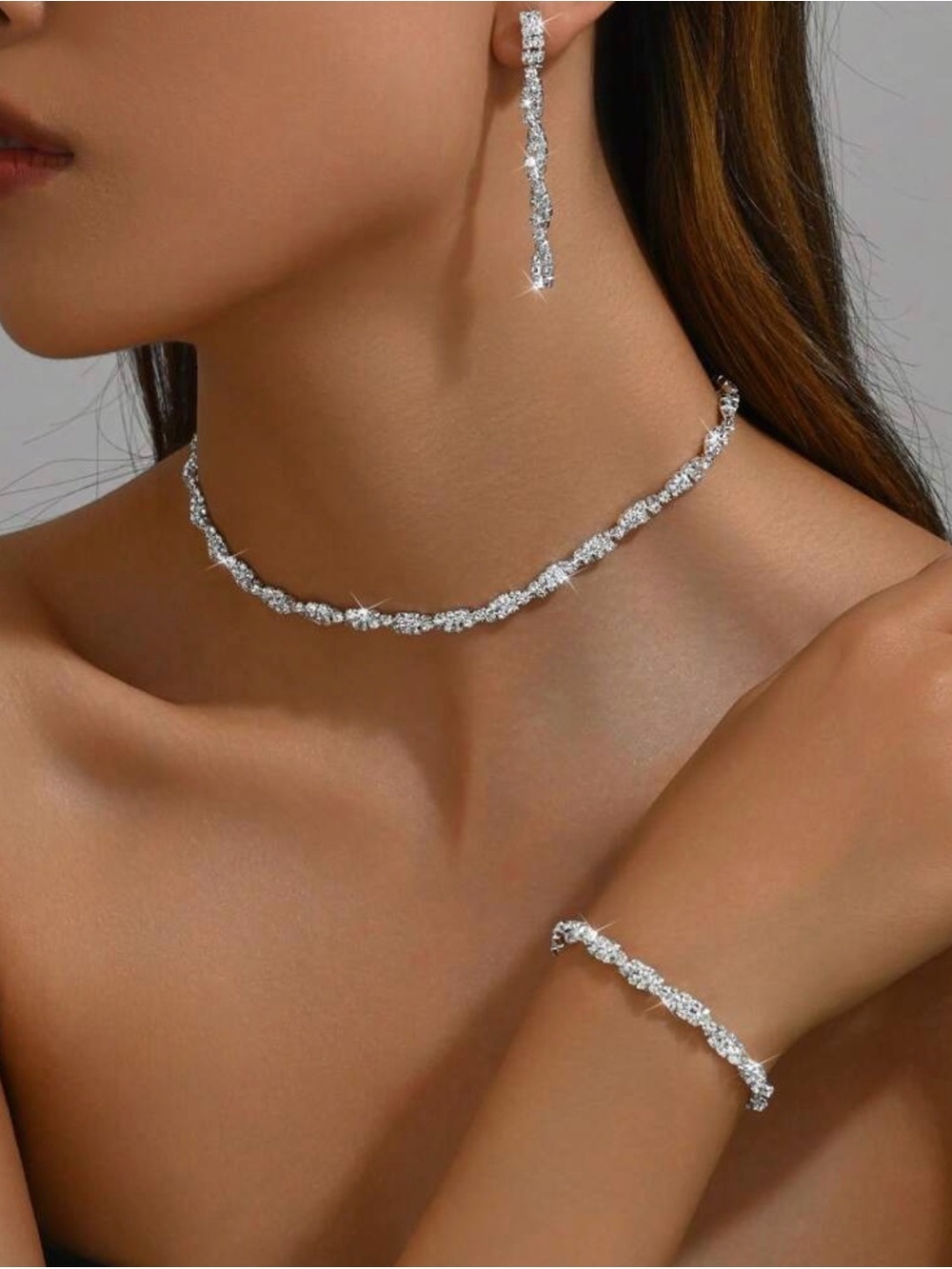 Elegant Silver Crystal Twist Necklace, Earring and Bracelet Set